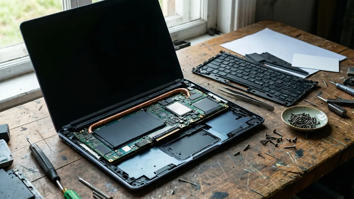 Portátil negro desmontado sobre mesa de madera, mostrando placa base, disipador de cobre, teclado suelto, tornillos y herramientas de reparación.