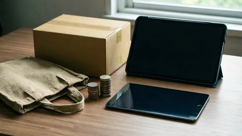 Dos tabletas, pilas de monedas, una bolsa de lona y una caja de cartón sobre una mesa de madera.