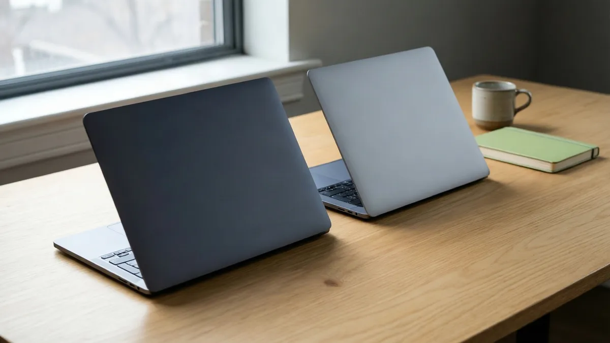 Dos portátiles de colores gris oscuro y plateado se encuentran sobre una mesa de madera clara, junto a una taza de cerámica y un cuaderno verde.