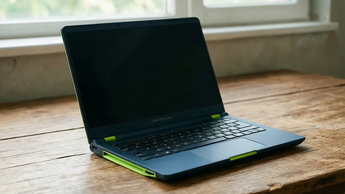 Detalle del teclado y la pantalla de un portátil sobre una mesa de madera