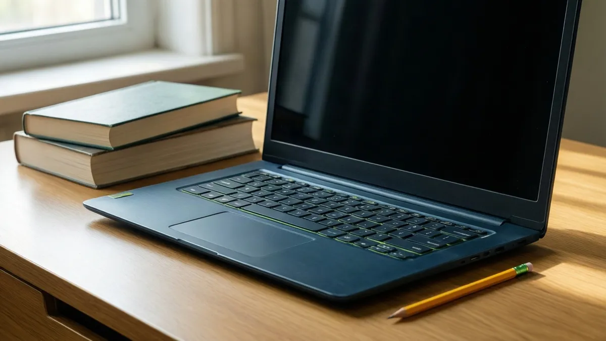 Portátil junto a libros y un lápiz sobre una mesa de estudio