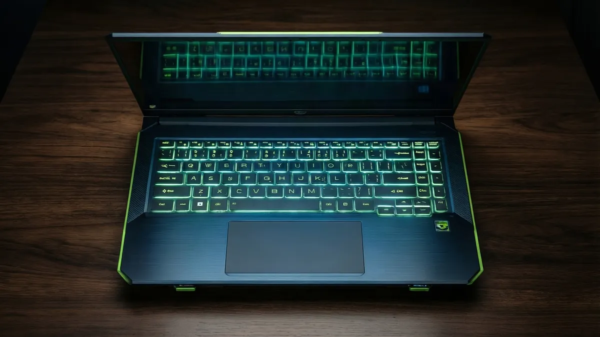 Portátil gaming genérico con teclado iluminado sobre un escritorio oscuro